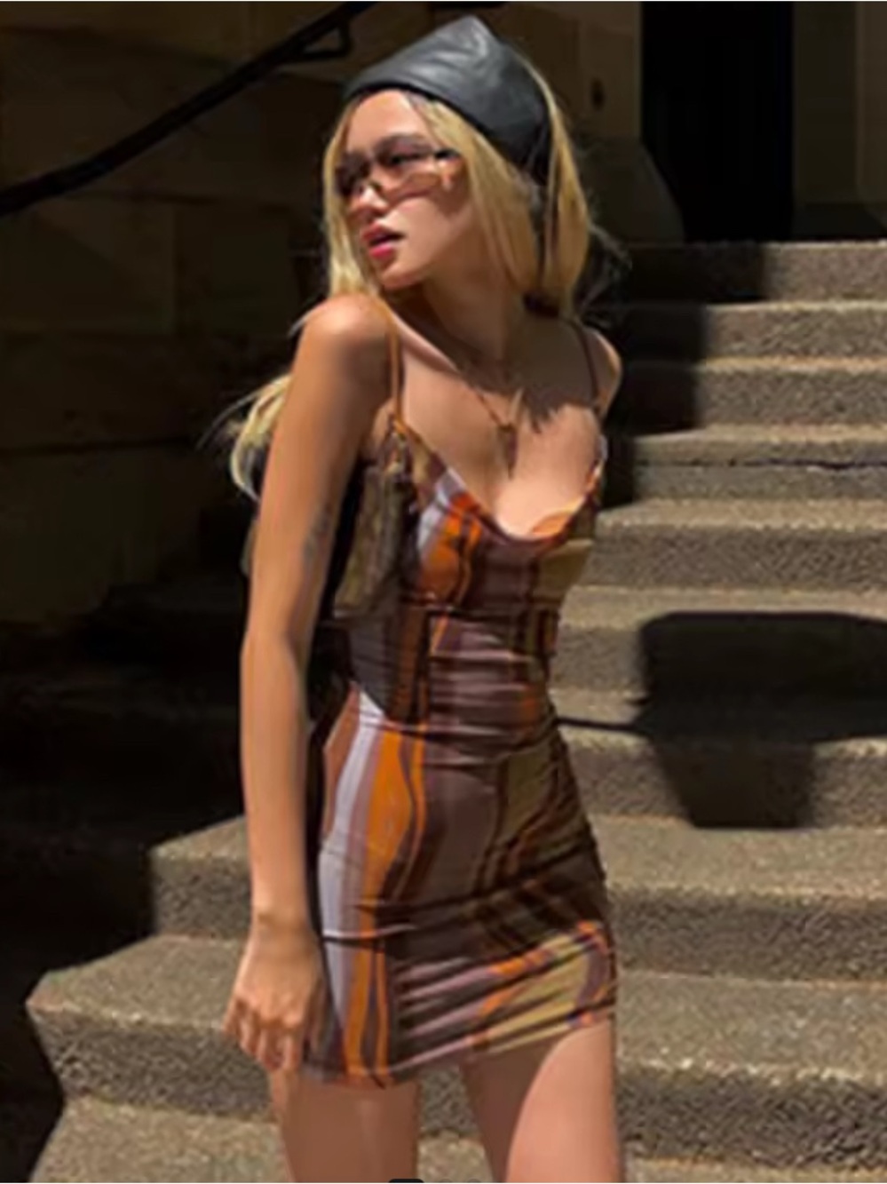 Women’s Brown & Orange Striped Bodycon Dress